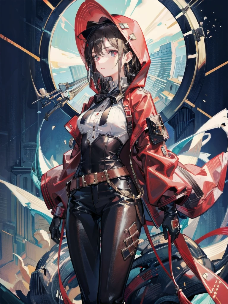 absurdres, RAW photo, extremely delicate and beautiful, masterpiece, Best Quality, ultra high resolution, 32k, hyperrealistic, ultra-detailed, in her 20s, delicate facial features, tearful mole, earring, medium breasts, whole body shot, shorter middle hair, black hair, School_uniform, Skirt, cool cowgirl, cowboy hat, decorated hooded armor jacket, cross belt, Brown leather pants, Red leather long boots,