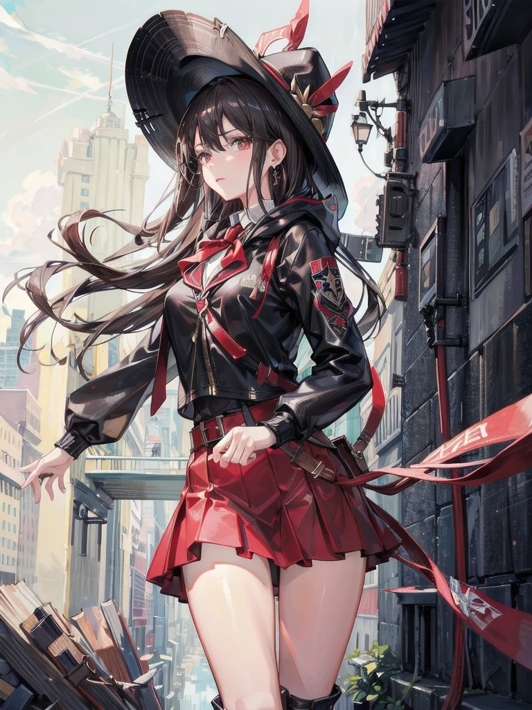 absurdres, RAW photo, extremely delicate and beautiful, masterpiece, Best Quality, ultra high resolution, 32k, hyperrealistic, ultra-detailed, in her 20s, delicate facial features, tearful mole, earring, medium breasts, whole body shot, shorter middle hair, black hair, School_uniform, Skirt, cool cowgirl, cowboy hat, decorated hooded armor jacket, cross belt, Brown leather pants, Red leather long boots,