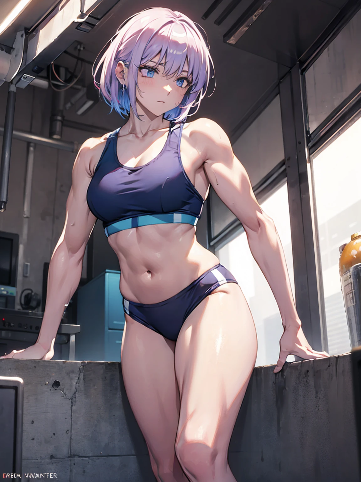 (Sweat, White skin:1.5、Grey sports bra)Surreal Japanese Portraits,, Ron Mueck, Richard Estes, Marilyn Minter、Purple and blue gradation eyes enveloped in the mystery of the universe,、Perfect lighting, (Perfect hands, Perfect Anatomy)、whole body(1:2)、(White skin:1.5、Muscular arms)、Excellent style,Complete body balance、Dynamic Acid Pose(1:2)、(16:Specializing in aspect ratio 9)、Plump body, Brand logo on the bra, Fitness, Bodybuilding Poses