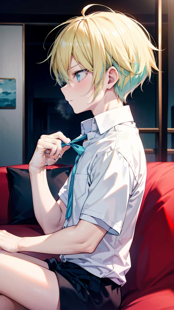 profile background, anime boy, serious face, blond hair, cyan eyes, gym body, detailed eyes and face, white shirt with a kanji in the middle, sitting on the sofa, in the living room, high-res portrait, character, fantasy, 4K, high resolution