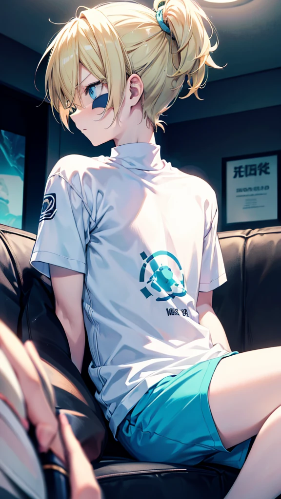 profile background, anime boy, serious face, blond hair, cyan eyes, gym body, detailed eyes and face, white shirt with a kanji in the middle, sitting on the sofa, in the living room, high-res portrait, character, fantasy, 4K, high resolution