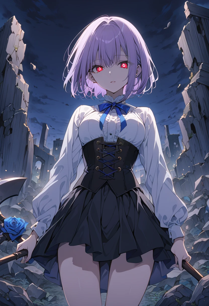 1 girl, masterpiece, best quality, fair skin, light purple hair, short hair, red pupils, corset, skirt, slit, blue rose axe, blue rose, ruins at night, grave, anime
