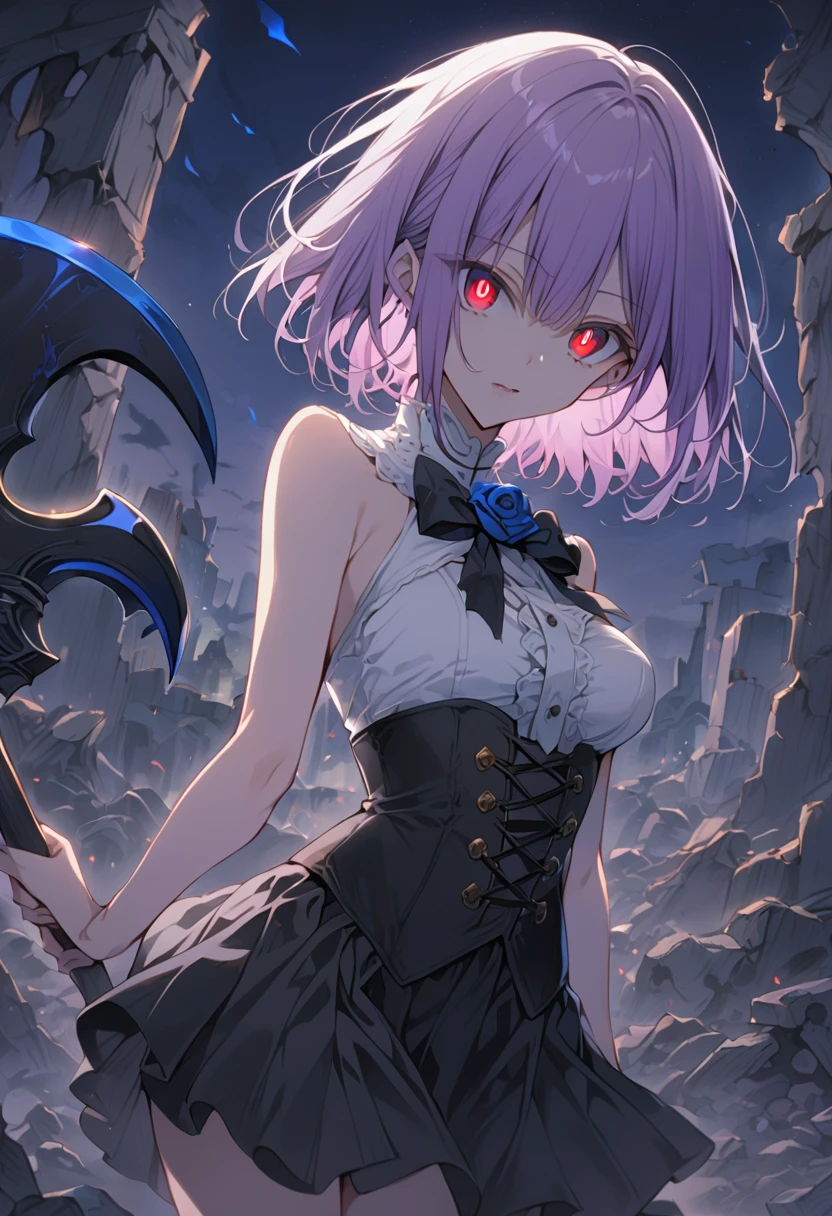 1 girl, masterpiece, best quality, fair skin, light purple hair, short hair, red pupils, corset, skirt, slit, blue rose axe, blue rose, ruins at night, grave, anime