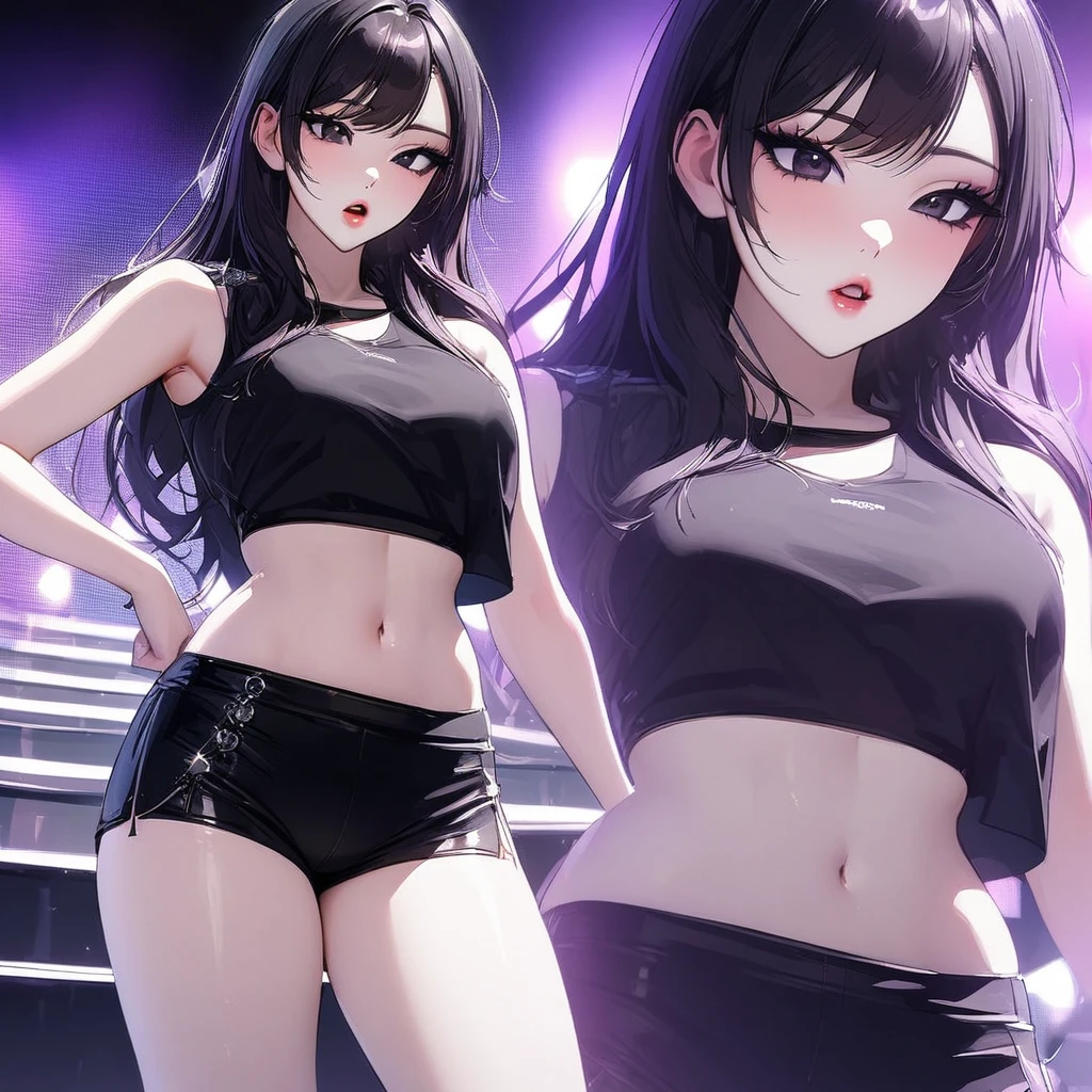 Girl, K-pop, idol, singing, stage, purple lights, beautiful, ethereal, Korean, hot, girl crush concept, pale skin, defined lips, curves, face focus, wink, korean, black hair, black eyes, crop top, booty shorts, slim, pretty, delicate