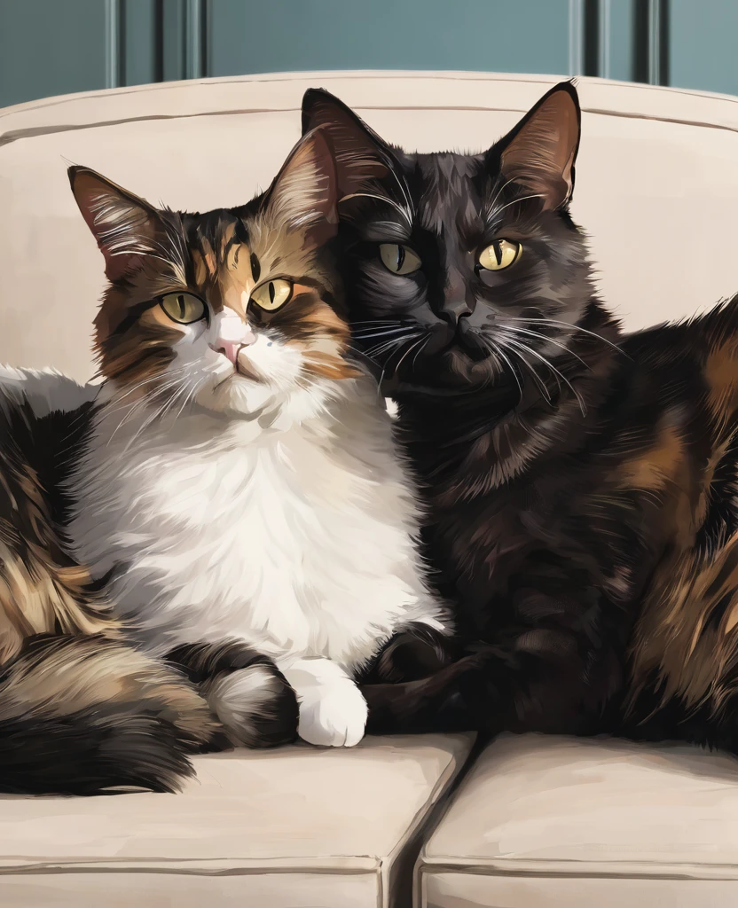 Two male and female cats loving each other lying on the couch.
