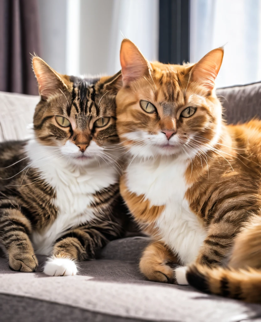 Two male and female cats loving each other lying on the couch.