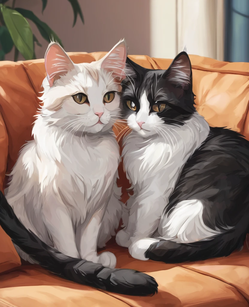Two male and female cats loving each other lying on the couch.