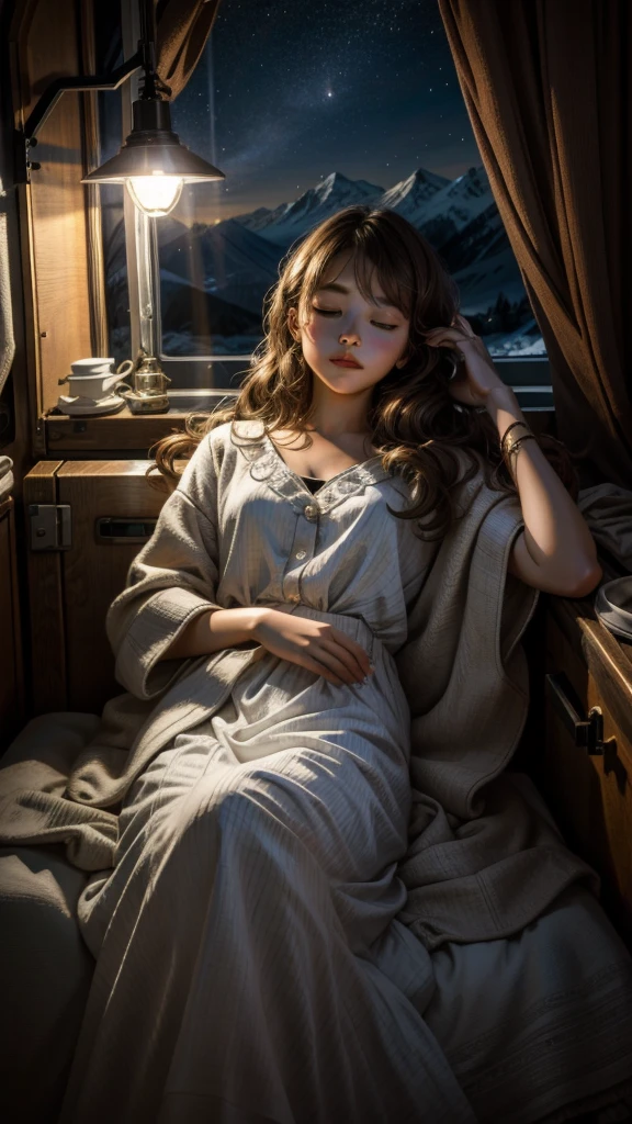 Sleeping teen girl lying posing inside the caravan truck beside the caravan truck door, head on pillow, dark night skies in the mountain cave, turn of the light, turn of the lamp, 22 years old, ultra realistic, she is wearing pajama, brown hair. Perfect hand and perfect fingers. Perfect details of caravan truck