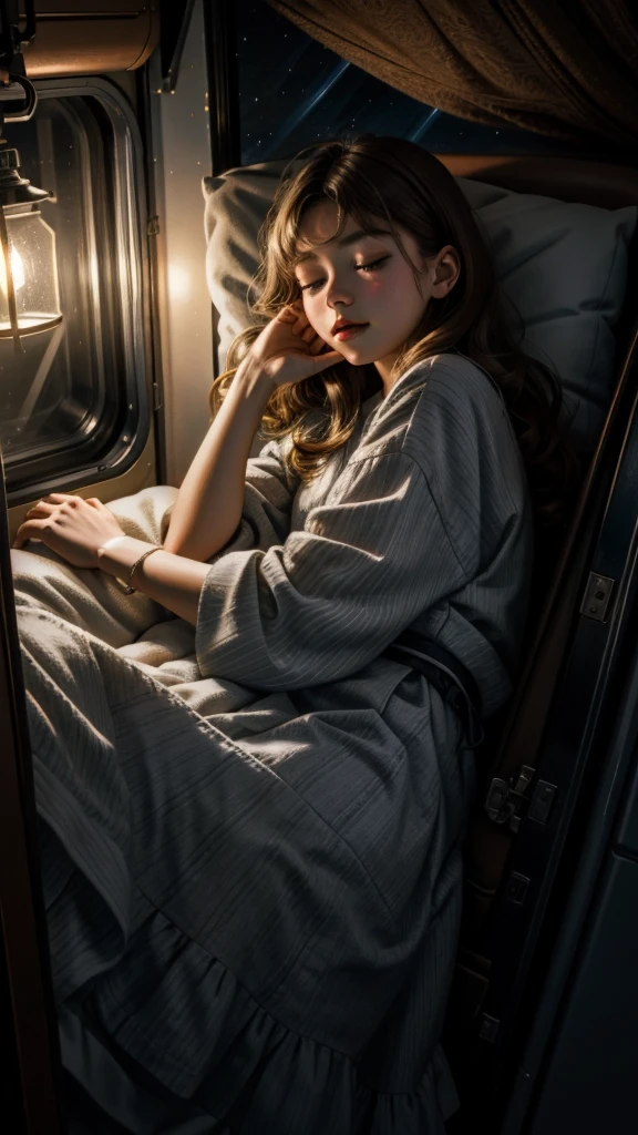 Sleeping  girl lying posing inside the caravan truck beside the caravan truck door, head on pillow, dark night skies in the mountain cave, turn of the light, turn of the lamp, 22 years old, ultra realistic, she is wearing pajama, brown hair. Perfect hand and perfect fingers. Perfect details of caravan truck