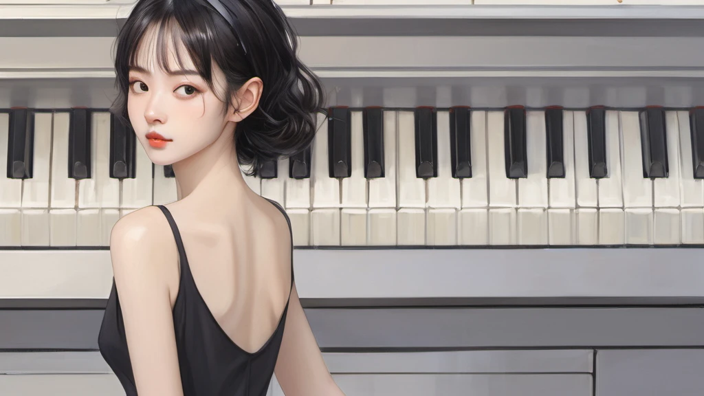 xxmixgirl,,Jing-Hao Zhang style, dark gray and light black, 8K resolution, Miho Hirano, character caricature, Albert Edelfeldt, playing the piano