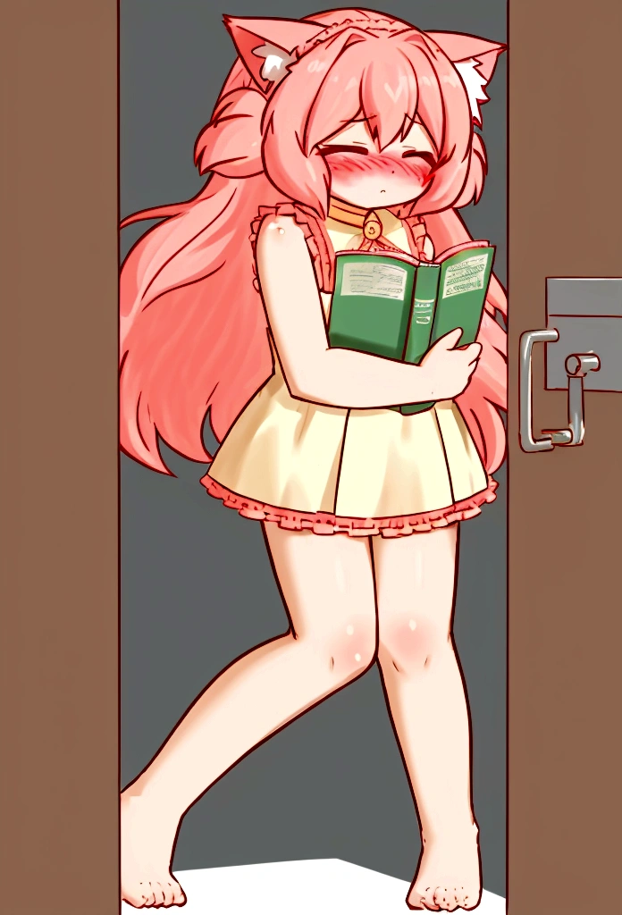 best quality,  Girl, cat ears, Long hair, extralange Koteletten, two sides up, Girl pee, pee, pee self, lineares pee, looking down, Sleeveless, [closed eyes: (empty eyes:1.3):11], (Blush:1.5), (tears:0.6), Full body shot, from bottom, outside, pee on a book, Show breasts
