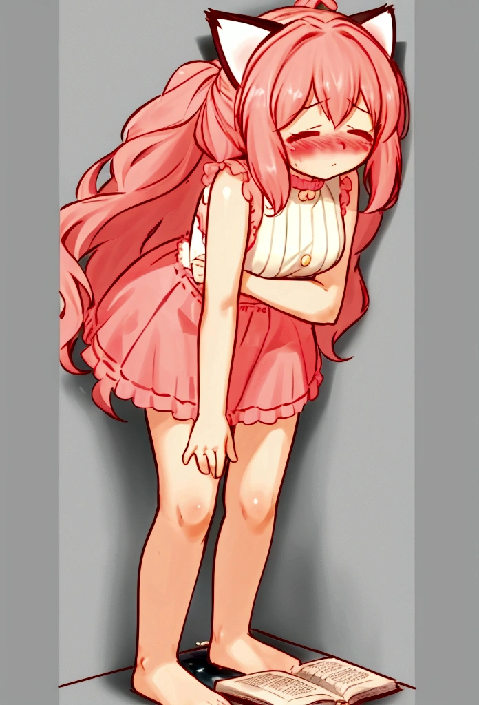 best quality,  Girl, cat ears, Long hair, extralange Koteletten, two sides up, Girl pee, pee, pee self, lineares pee, looking down, Sleeveless, [closed eyes: (empty eyes:1.3):11], (Blush:1.5), (tears:0.6), Full body shot, from bottom, outside, pee on a book, Show breasts