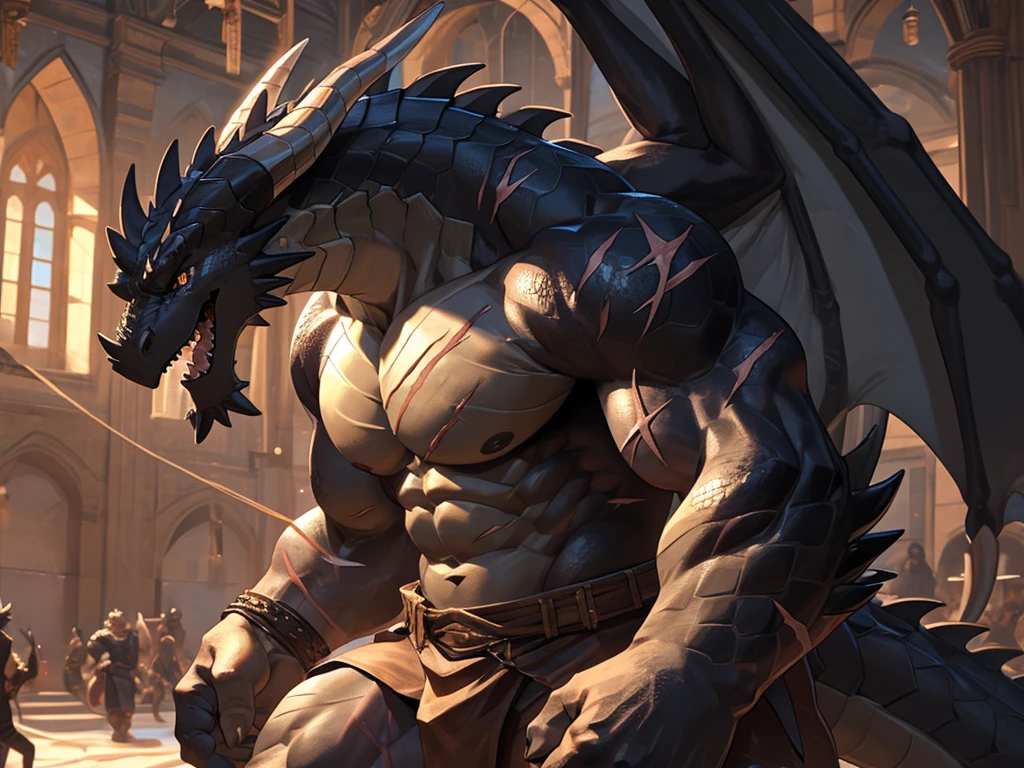 Dragon Orc，Black scales，Very strong,There are scars all over the body，Strong pectoral muscles，Strong thigh muscles，Strong and serious，Capturing full body compositions，domineering，The light in the eyes，viciousness，HD,(Perfect details:1.2),masterpiece,(Dragon Scale)Certainly (Black Dragon&#39;A muscular body without any accessories or items.))), (((Not covering up breasts and six pack abs)))，Nudity，naked lying in bed