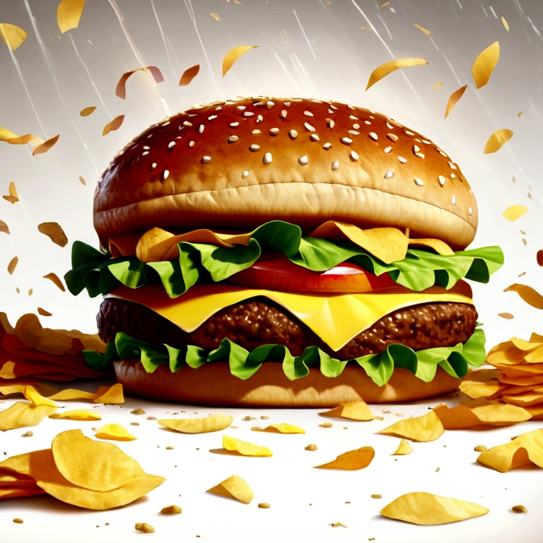 Realistic image of a big hamburger with chips raining on a white background