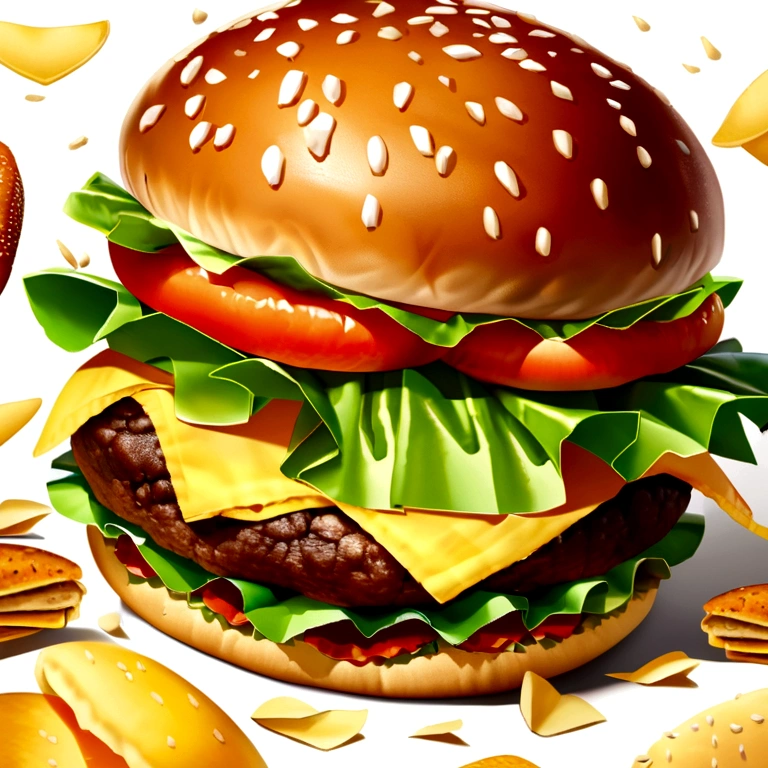 Realistic image of a big hamburger with chips raining on a white background