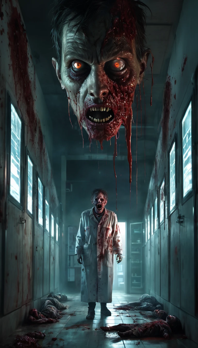 The virus finally starts in the laboratory, consuming the faces of man, zombie eyes, Torn and bloody clothes, Watching the scenes, the narrow and scary corridor at the bottom, volumetric lighting, real-life, wide angle, very detailled, low-contrast, horor
