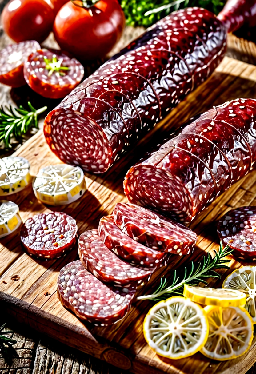 A piece of salami, with some slices cut and arranged on the board. rustic environment