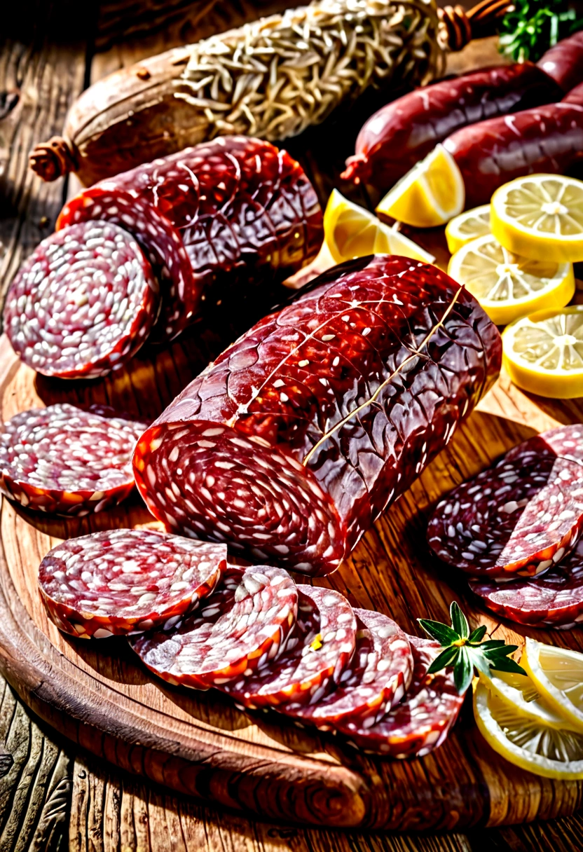 A piece of salami, with some slices cut and arranged on the board. rustic environment