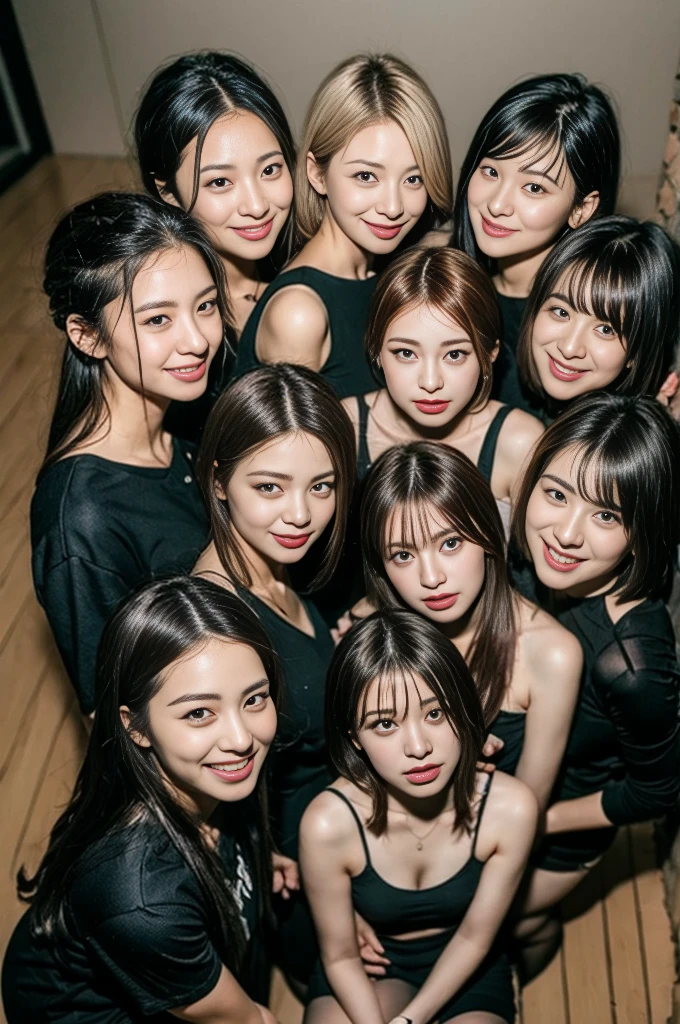 (8K、RAW photography、top-quality、tmasterpiece:1.2)、ultra - detailed、Hyper-Resolution、(hyper realisitc:1.4)、(Use the kiss you throw as a camera)from the above、camera shot from above、Shoot the camera angle from above、I look at this with upward eyes、Arms outstretched、Arms spread wide、Use high-quality images taken from above with your camera、(Five girls in the attic 1:1.3)、、Offshore girls(dreamlike lighting)Head to waist、、white skinned、Fair-skinned female proofreading、super high image quality、、Beautiful female proofreading reflecting in light、astonishing detail、Beautiful girls in very detailed、(Faces with different patterns1:1.2)、(Different facial emotions 1:1.3)、Each hairstyle has its own characteristics、colours々Hairstyles、colours々The hair color shines with a clean sheen、I love fishing on the boat、Brown hair shining in the light、One has a ponytail、、Modern cute girl、very detailed faces very detailed eyes、Very realistic skin、 Extremely detailed fingers, Highly detailed nose, highly detail mouth, perfect anatomia, (Miniskirt 1:1.2)、、Their hair details sparkle、Hot teeth and smiles、Realistic body, white skinned, glistning skin, Slim body, Long straight hair, (Blunt bangs:1.2), , nixeu and sakimichan, twice, seifuku, sakimichan, promotional still, lalisa manobal, alena aenami and lilia alvarado