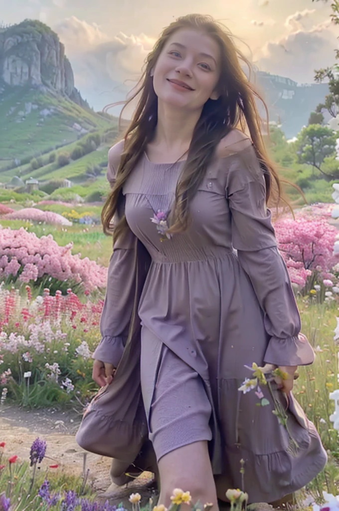 medium shoot, Top quality, masterpiece, very high resolution, photorealistic, raw photo, 25 year old beautiful Russian woman with relaxed fishtail long hair, round face and diamond chin, purple luxurious long sleeves dress, standing in a field of blooming flowers, rugged mountains, glowing skin, laughed broadly