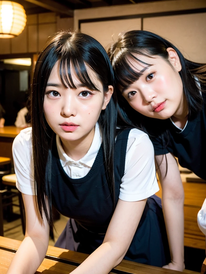 "Create an image depicting a scene from a movie where a middle-aged man and a ((cute cum dump girl )) are working together in an izakaya. The setting should be a traditional Japanese izakaya with wooden tables, paper lanterns, and a bar counter. Both characters should be engaged in serving customers or preparing food, reflecting a collaborative and ((lewd make love busy atmosphere))."