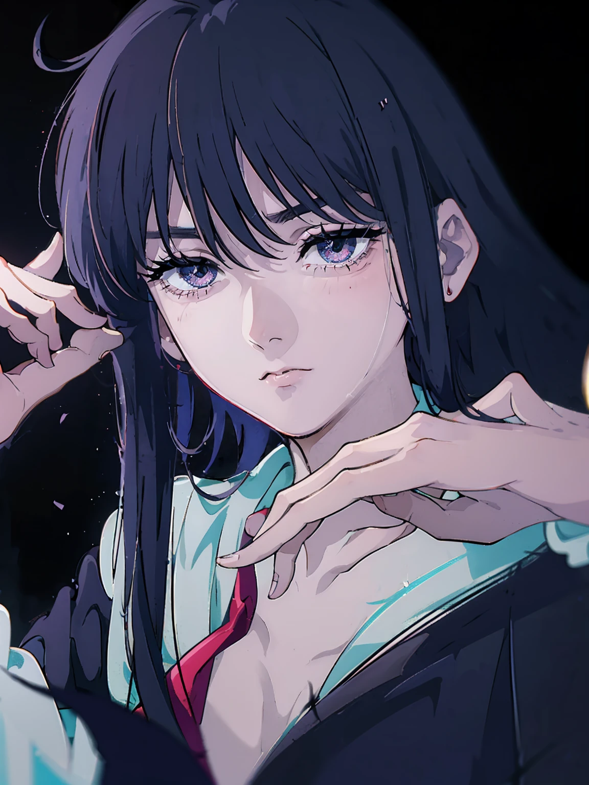 dark, masterpiece, Highest quality, 8K、Sailor Mars Red Collar, (Unhealthy face:1.9, Dark Eyes:1.5, Dark circles under the eyes, Yandere:1.5, Unhappy face, Lifeless face), Long hair in the eyes, Long Bangs, Eyes through the bangs, Big eyes,　Turquoise Eyes, Bust Shot, Dark atmosphere
