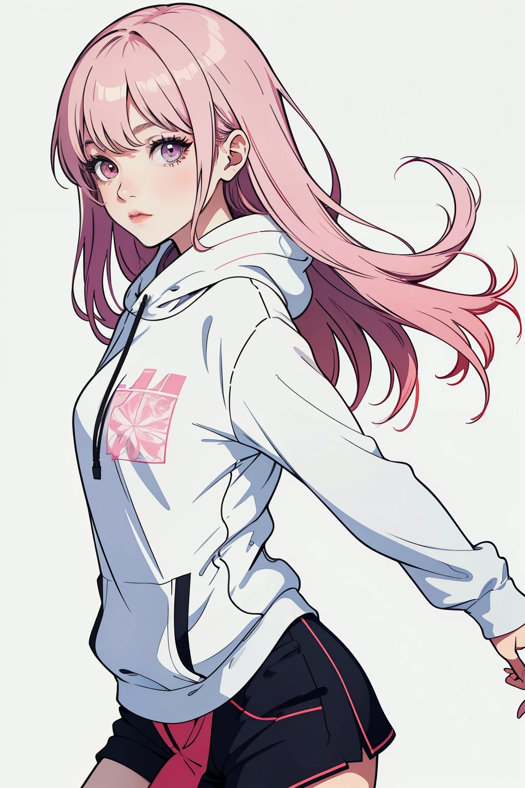 Create a vector design for a t-shirt featuring a stylish girl wearing a hoodie. The design should highlight her in a dynamic pose, capturing a sense of confidence and modern street style. The hoodie should have intricate patterns and a logo design on the front. Use a color palette of pastel pinks, purples, and whites, with subtle gradients to add depth. The overall style should blend elements of anime and minimalist digital art, with clean lines and a sleek finish. Include background elements like abstract shapes and geometric patterns to enhance the visual appeal.