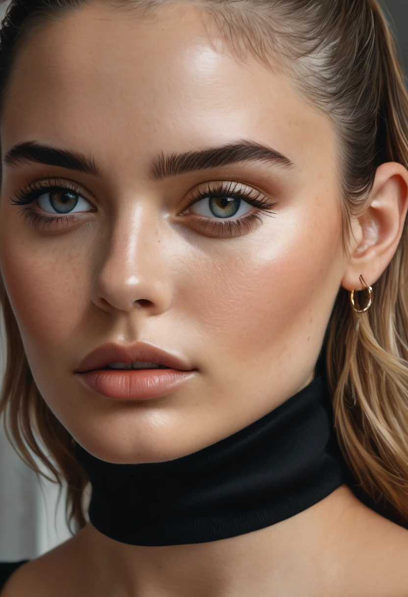 
a close up of a woman with a black turtle neck top and hoop earrings, a photorealistic painting by Anna Haifisch, trending on pexels, hyperrealism, beautiful fine face features, soft freckles, detailed flawless face, perfect face details, detailed and perfect face, large eyebrows, big bold thick eyebrows, sexy face, thin eyebrows, subtle makeup, flawless face