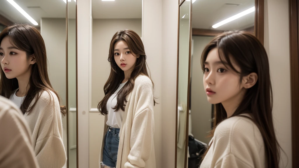 A kpop girl idol with brown hair is standing in the center of a room filled with mirrors