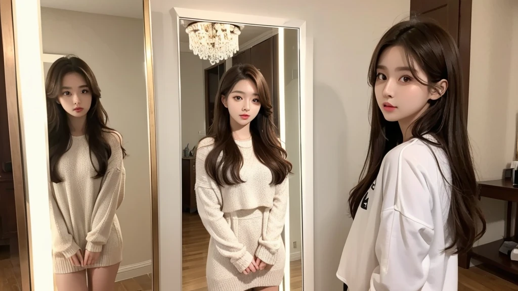 A kpop girl idol with brown hair is standing in the center of a room filled with mirrors 