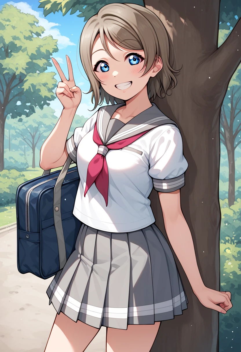 1girl, solo, looking_at_viewer, smile, short_hair, blue_eyes, skirt, brown_hair, shirt, school_uniform, white_shirt, short_sleeves, grey_hair, pleated_skirt, outdoors, serafuku, sailor_collar, bag, grin, tree, neckerchief, v, grey_skirt, school_bag, uranohoshi_school_uniform, you Watanabe love live 