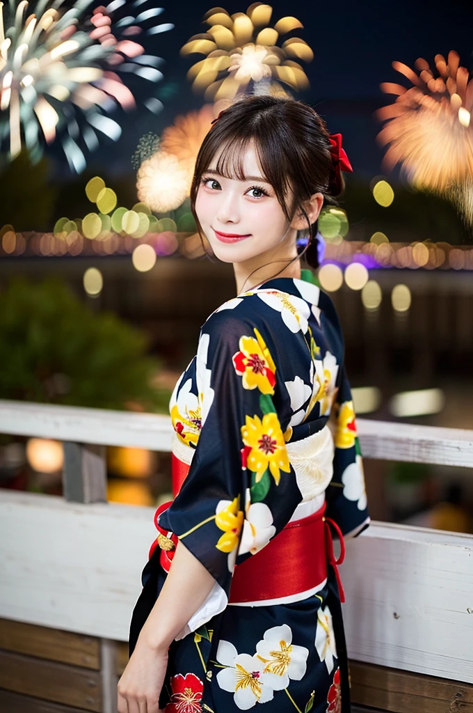 ((Highest quality, 8K, masterpiece: 1.3)),RAW Photos,Realistic atmosphere,Lens flare, Ray Tracing,(Detailed beautiful white skin:1.3),Beautiful Japanese,22 years old, Detailed face,Bun Hair,A gorgeous hairstyle with red and gold hair accessories,(Watching the fireworks wearing a floral yukata:1.2),(White yukata with sleeves:1.2),((Ribbon-type obi:1.3)),((Looking back with an innocent smile:1.3)),Raise your hand and rejoice,Blurred grand fireworks,(Many colorful fireworks:1.2)Star Mine,Fireworks across the sky,Large fireworks,Huge fireworks