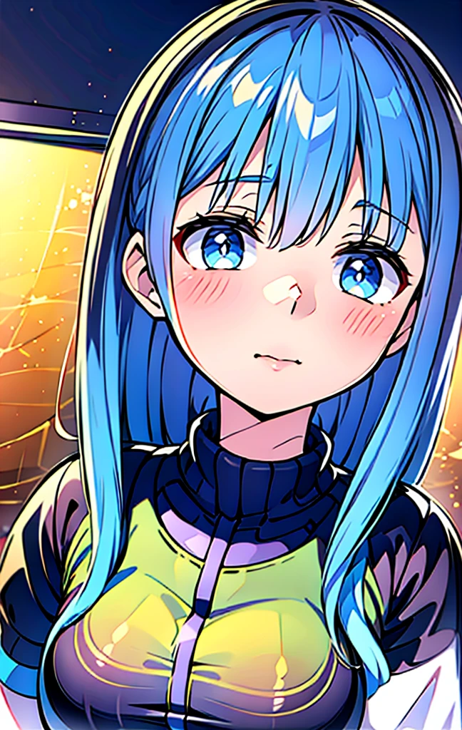 A beautiful vtuber woman, happy expression, vivir2d art style, detailed kawaii face, blue file, Arco Wada style, detailed eyes, detailed lips, 1girl, colorful, vibrant colors, glowing, soft lighting, photorealistic, 8k, high quality, masterpiece, huge bust