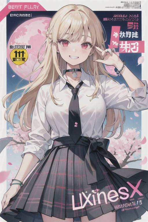 masterpiece, best quality, full body, 1girl, bangs, black choker, black necktie, blonde hair, blue skirt, blush, bracelet, breasts, choker, clothes around waist, collarbone, collared shirt, cowboy shot, dress shirt, ear piercing, eyebrows visible through hair, gradient hair, grin, gyaru, jewelry, kogal, long hair, looking at viewer, loose necktie, necktie, piercing, plaid, plaid skirt, pleated skirt, red eyes, ring, , shirt, skirt, smile, solo, white shirt, street, sky, cherry blossoms, petals,illustration, (magazine:1.3), (cover-style:1.3), fashionable, woman, vibrant, outfit, posing, front, colorful, dynamic, background, elements, confident, expression, holding, statement, accessory, majestic, coiled, around, touch, scene, text, cover, bold, attention-grabbing, title, stylish, font, catchy, headline, larger, striking, modern, trendy, focus, fashion,