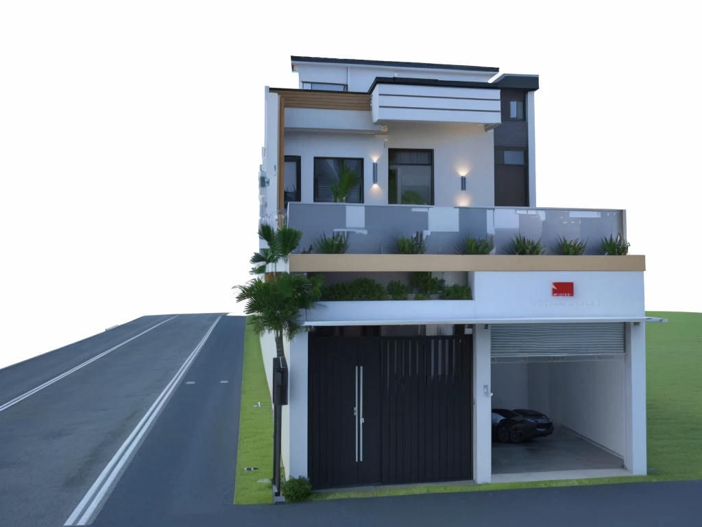 rendering of a modern house with a balcony and a garage, front perspective, 3 d rendering, 3d rendering, exterior design, 3 d vray render, stuning 3 d render, render 3 d, frontview, 3 d finalrender, 3d finalrender, overall architectural design, 3d render, 3 d render, 3d final render, inter dimensional villa