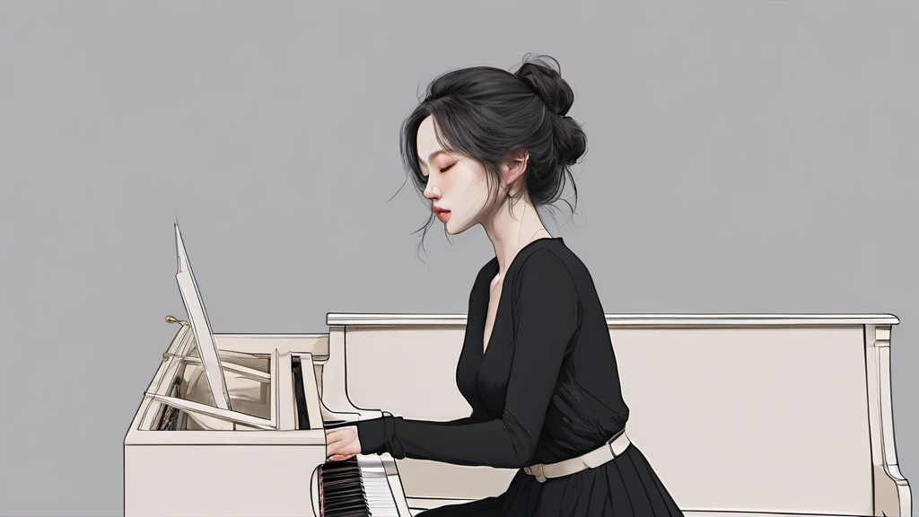 xxmixgirl,,Jing-Hao Zhang style, dark gray and light black, 8K resolution, Miho Hirano, character caricature, Albert Edelfeldt, playing the piano