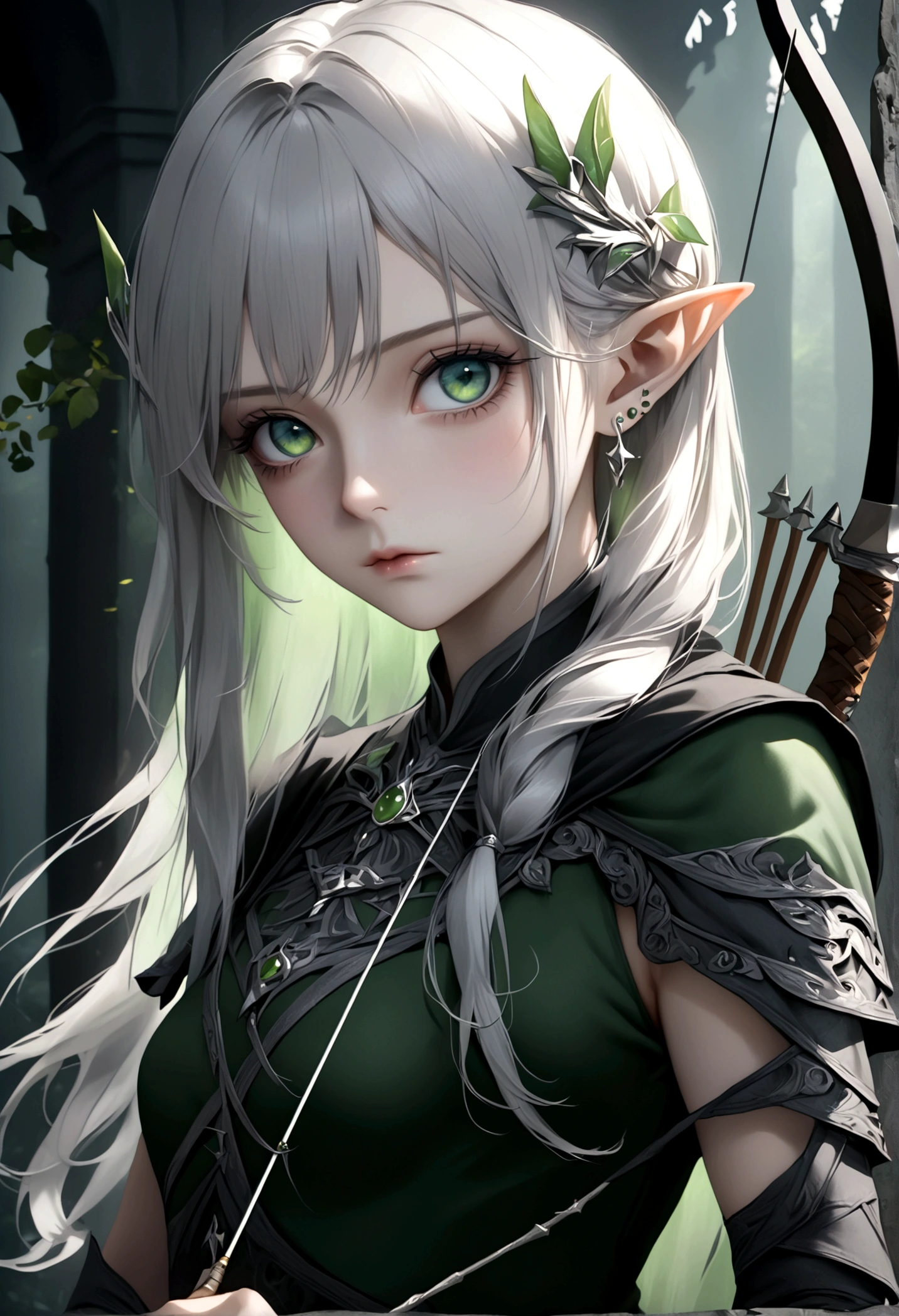A beautiful female elven archer, long platinum hair, piercing green eyes, pale skin, holding a jade war-bow, dark fantasy setting, moody atmosphere, gothic aesthetic, (best quality,4k,8k,highres,masterpiece:1.2),ultra-detailed,(realistic,photorealistic,photo-realistic:1.37), extremely detailed facial features, intricate details, cinematic lighting, dramatic shadows, muted color palette, dramatic composition
