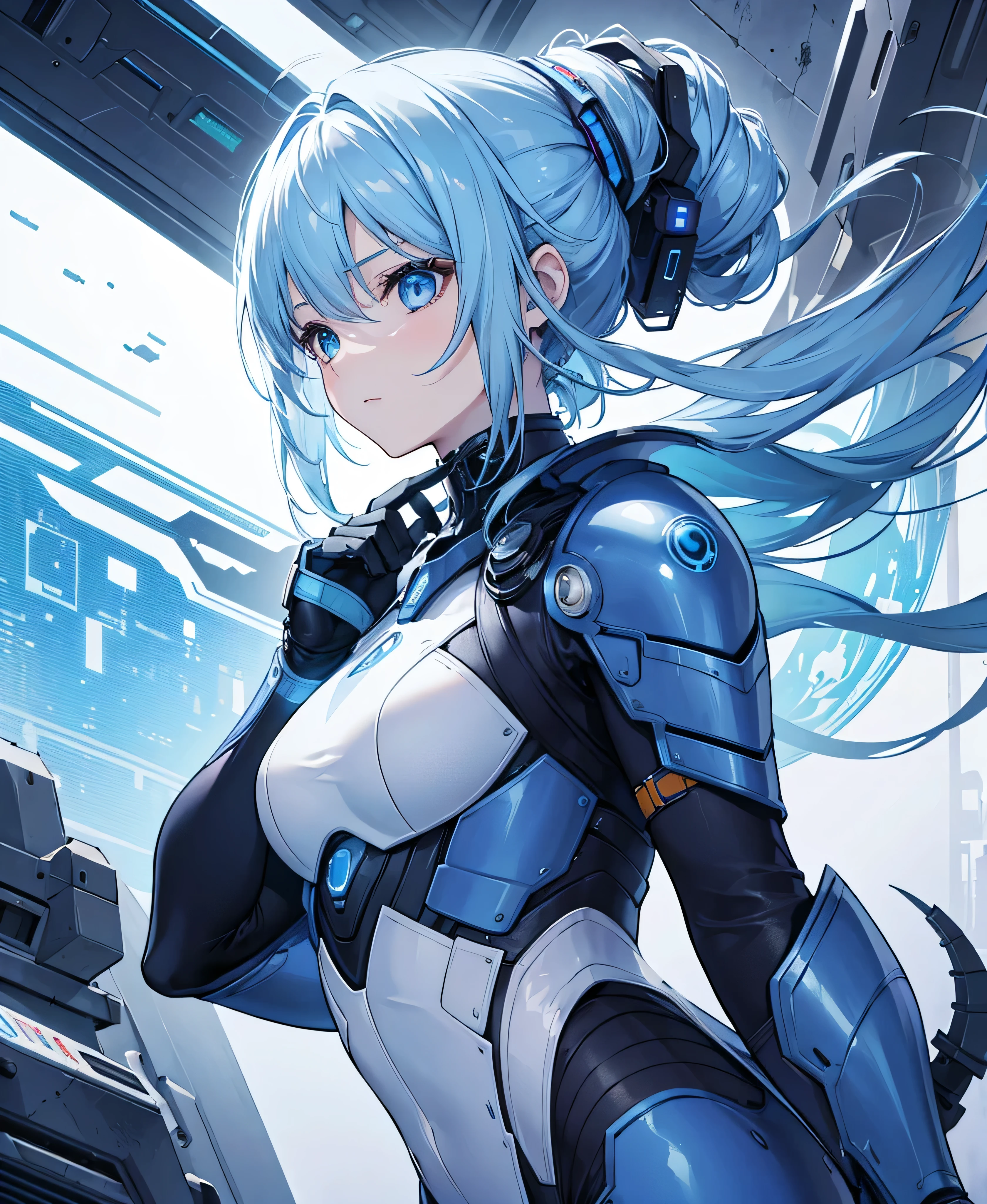 8K, Highest quality, (real:1.4), Original photo, 1 girl, Asari Hair, Biological Amplifier, refined armor, posture: Peace talks between warring factions, smart blue eyes