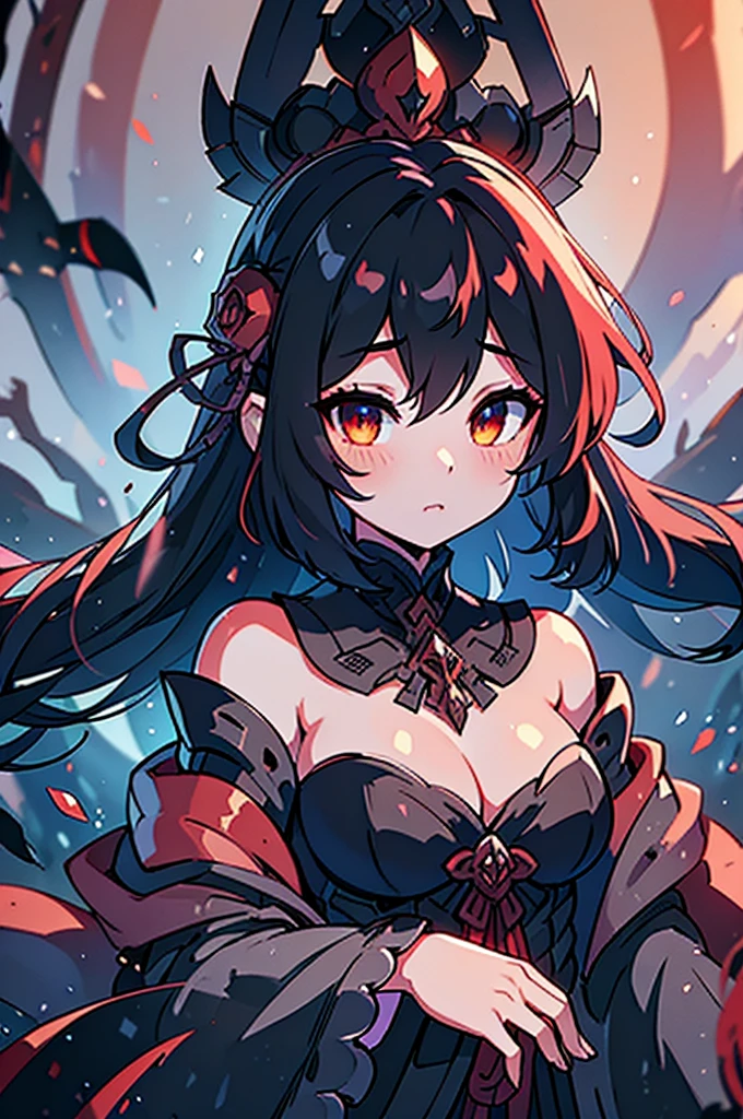 A luminous, enigmatic eldritch vampire, every brushstroke exudes an otherworldly allure: ethereal shimmering skin, cascading inky black hair, and piercing crimson eyes that seem to glow from within the painting. The watercolor image captures the essence of the vampire's supernatural beauty, with a haunting yet mesmerizing quality that draws viewers in. The vivid colors and intricate details showcase the skill of the artist, creating a striking and memorable portrayal of this mythical creature.