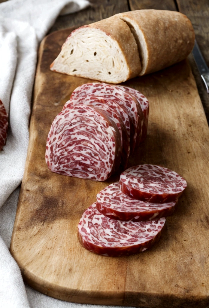 A piece of salami, with some slices cut and arranged on the board. rustic environment