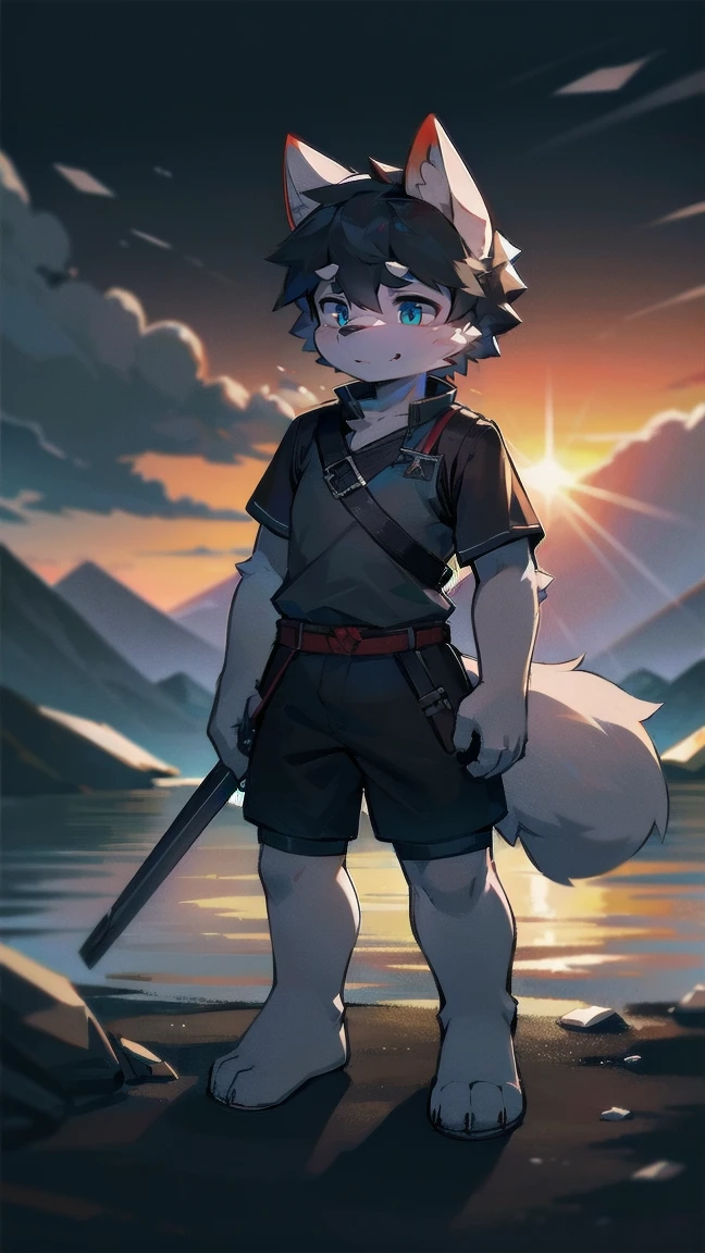 White Wolf,black hair,Sky blue eyes,hairy,Wolf ears,Wolf tail,Full body portrait,The character is in the center of the frame,Handsome,Confident eye***but,juvenile,Black and white combat uniform,Red neck bib,Black shorts,Short sleeve,hairy arms and legs,Dark background,Dark battlefield,dawn,sunrise,dawn,illumination,shadow,Swordsman,Scabbard and Hold the hilt of a in your hand,The scabbard is at the waist,Highest quality,A tall stature