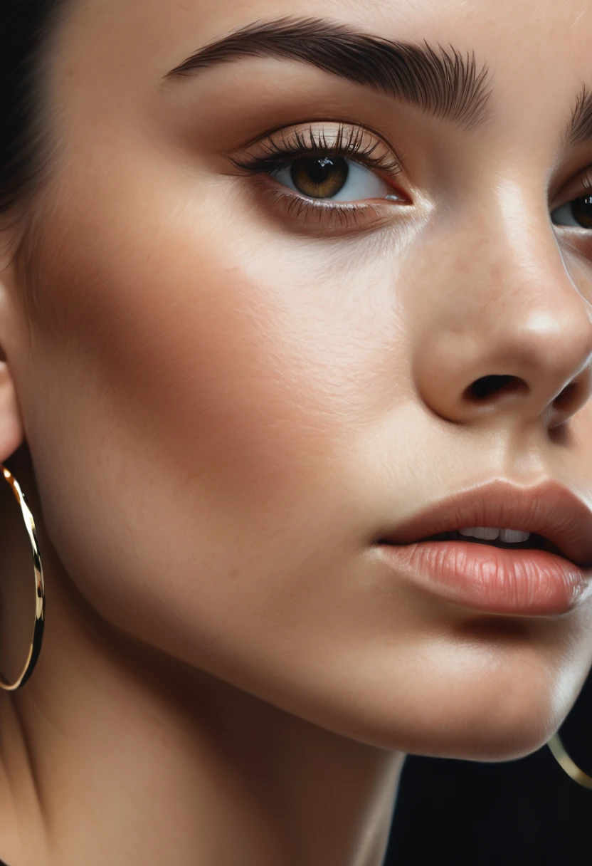 a close up of a woman with a black turtle neck top and hoop earrings, a photorealistic painting by Anna Haifisch, trending on pexels, hyperrealism, beautiful fine face features, soft freckles, detailed flawless face, perfect face details, detailed and perfect face, large eyebrows, big bold thick eyebrows, sexy face, thin eyebrows, subtle makeup, flawless face,15 year old girl