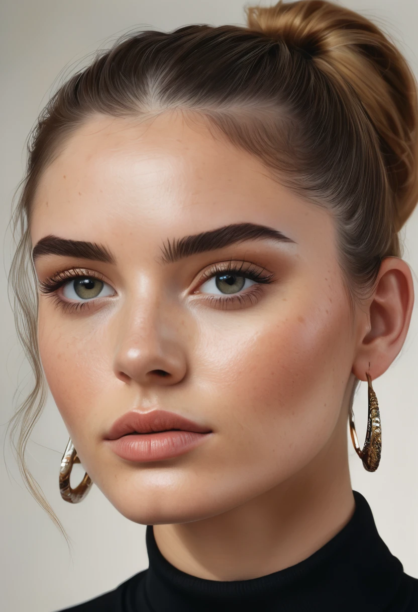 a close up of a woman with a black turtle neck top and hoop earrings, a photorealistic painting by Anna Haifisch, trending on pexels, hyperrealism, beautiful fine face features, soft freckles, detailed flawless face, perfect face details, detailed and perfect face, large eyebrows, big bold thick eyebrows, sexy face, thin eyebrows, subtle makeup, flawless face,15 year old girl