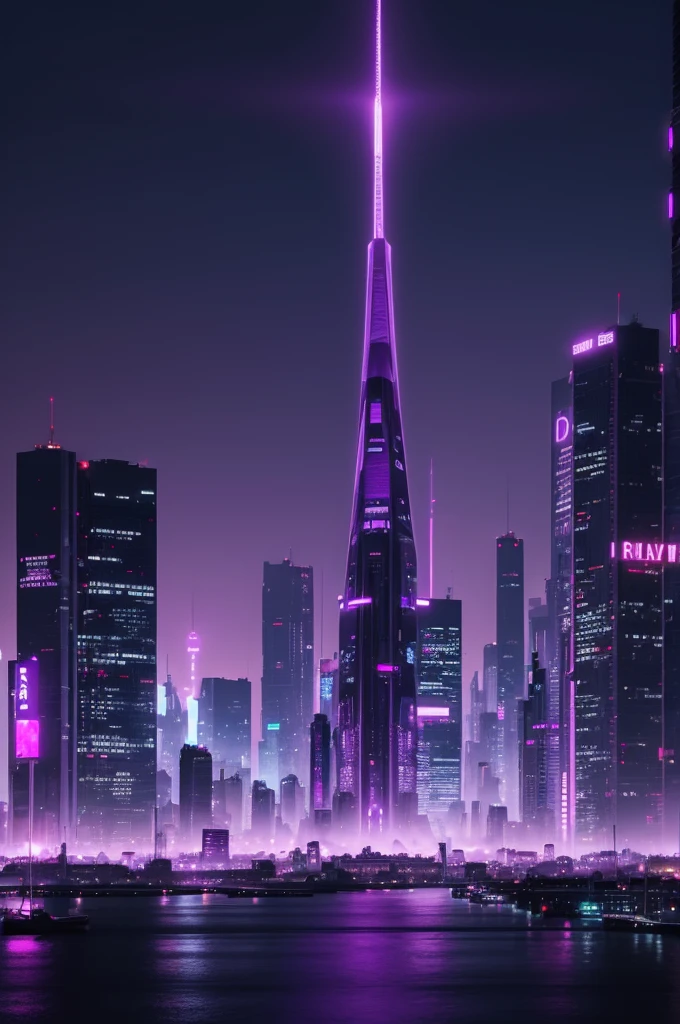 A wallpaper with purple colors a big city with a cyberpunk style