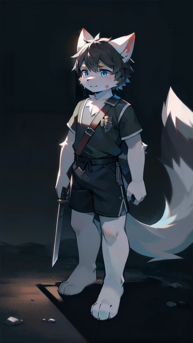 White Wolf，black hair，Sky blue eyes，hairy，Wolf ears，Wolf tail，Full body portrait，The character is in the center of the frame，Handsome，Confident eye***but，juvenile，Black and white combat uniform，Red neck bib，Black shorts，Short sleeve，hairy arms and legs，Dark background，Dark battlefield，dawn，sunrise，dawn，illumination，shadow，Swordsman，Scabbard and Hold the hilt of a in your hand，The scabbard is at the waist，Highest quality,A tall stature