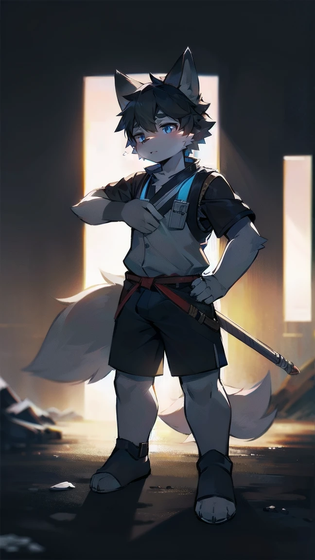 White Wolf,black hair,Sky blue eyes,hairy,Wolf ears,Wolf tail,Full body portrait,The character is in the center of the frame,Handsome,Confident eye***but,juvenile,Black and white combat uniform,Red neck bib,Black shorts,Short sleeve,hairy arms and legs,Dark background,Dark battlefield,dawn,sunrise,dawn,illumination,shadow,Swordsman,Scabbard and Hold the hilt of a in your hand,The scabbard is at the waist,Highest quality,A tall stature