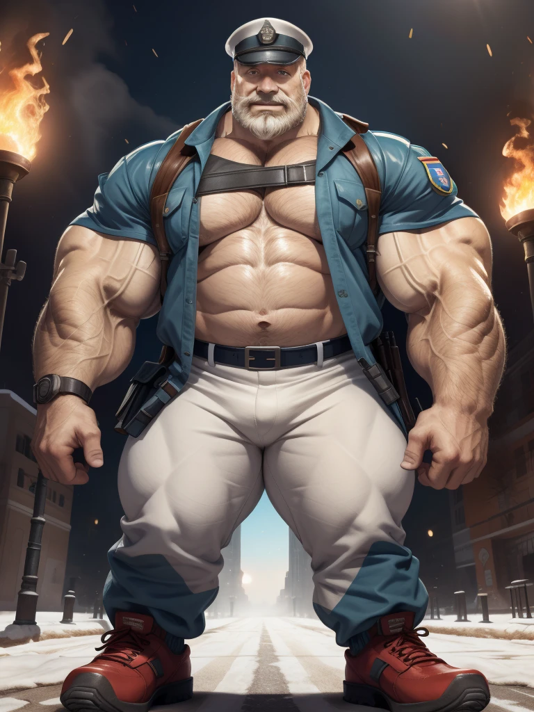 solo, 1boy, perfect anatomy, ground view, wrinkles skin, low shoot, down view, perfect proportional, thick body, thick thighs, big eyes, smile, perfect fingers, big hand, fingers. Huge Muscular Old man with short hair, wearing soldier uniform, shoes ,(soldier uniform, soldier 🪖), view from side, pectoral, thick arms, huge pectoral, wide pectoral, white hair, white beards, fire background, VFX fire, masterpiece, semirealistic:1.2, high detailed, 8k, high resolution, perfect center, full view. ((really big muscle, massive muscular, sixpack, thick arms, wide pectoral, super huge muscle, hyper muscular, over sized muscle, huge arms, big arms, huge pectoral))