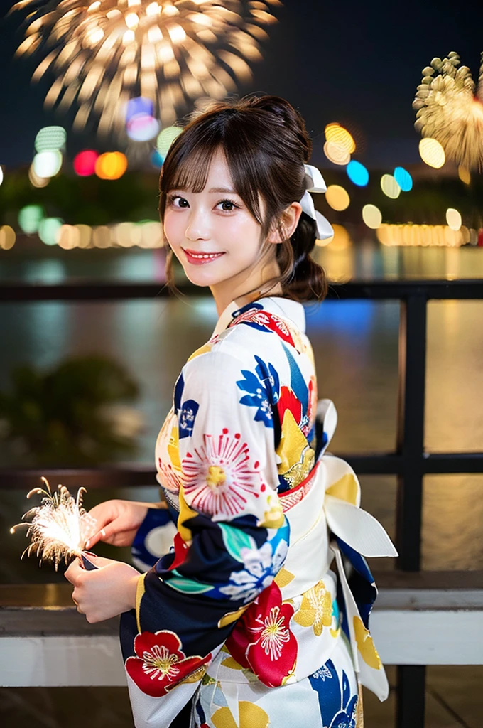 ((Highest quality, 8K, masterpiece: 1.3)),RAW Photos,Realistic atmosphere,Lens flare, Ray Tracing,(Detailed beautiful white skin:1.3),Beautiful Japanese,27 years old, Detailed face,Bun Hair,A gorgeous hairstyle with red and gold hair accessories,(Watching the fireworks wearing a floral yukata:1.2),(White yukata with sleeves:1.2),((Ribbon-type obi:1.3)),((Looking back with an innocent smile:1.3)),Blurred grand fireworks,(Many colorful fireworks:1.2)Star Mine,Fireworks across the sky,Large fireworks,Huge fireworks