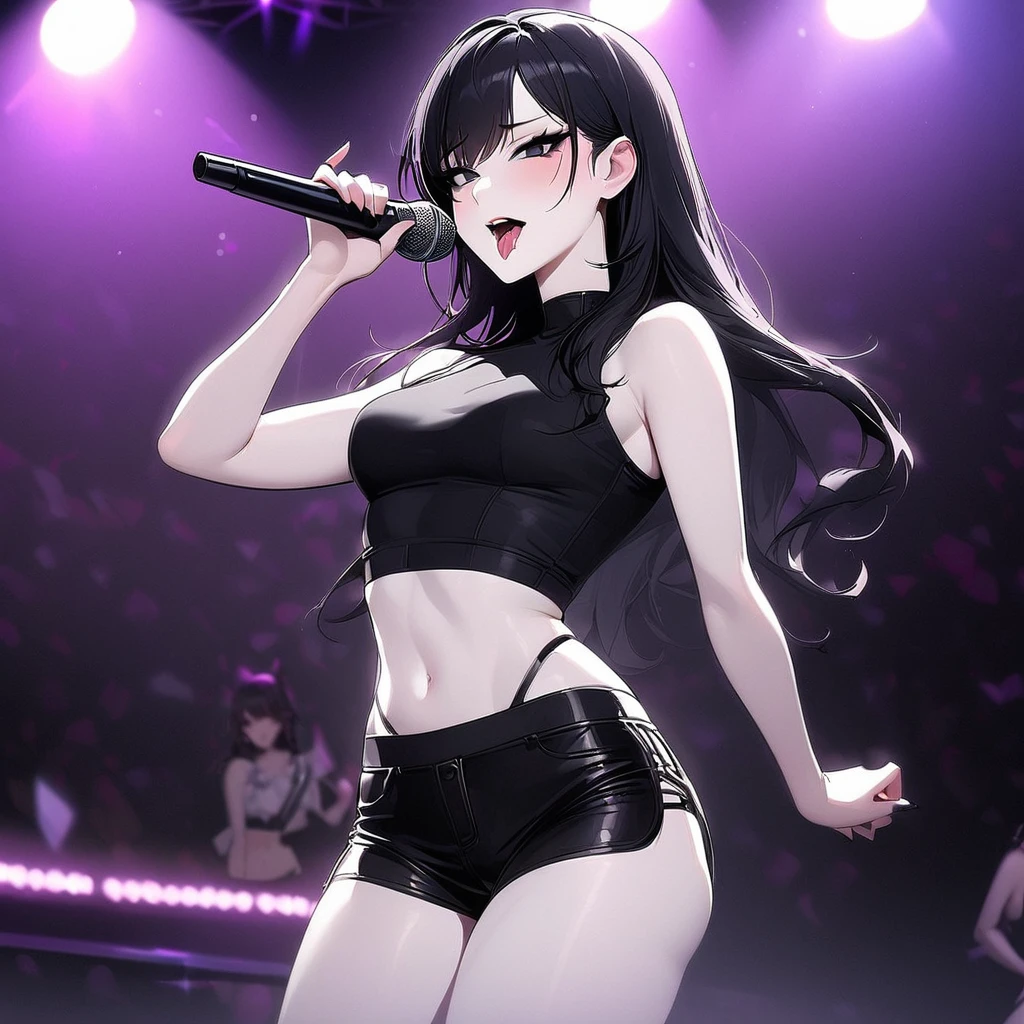 Girl, K-pop, idol, singing, stage, purple lights, beautiful, ethereal, Korean, hot, girl crush concept, pale skin, defined lips, curves, face focus, wink, korean, black hair, black eyes, crop top, booty shorts, slim, pretty, delicate, sexy, seductive, microphone, tongue, biting lip