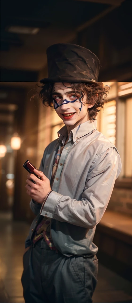 timochal2023, 1boy, as the Joker, purple suit, clown makeup, Gotham city,uhd, best quality, masterpiece, trending on arstation, rtx on, reflections, dramatic lighting, cinematic lighting, depth of field, smile,